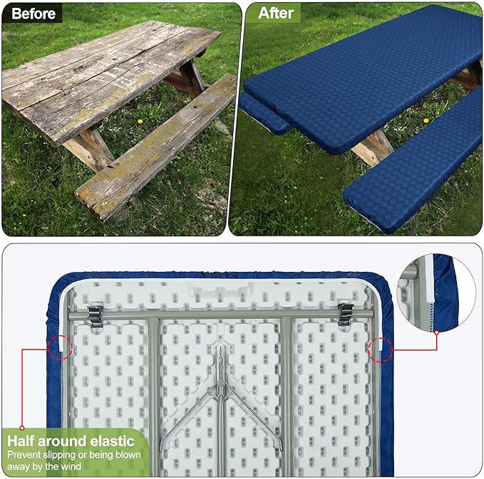 Play Tailor Picnic Table Cover with Bench Covers Camping Essentials Waterproof Windproof Camping Tablecloth with Drawstring Bag, Fitted Rectangle Tables and Seats, 72in, Deep Blue