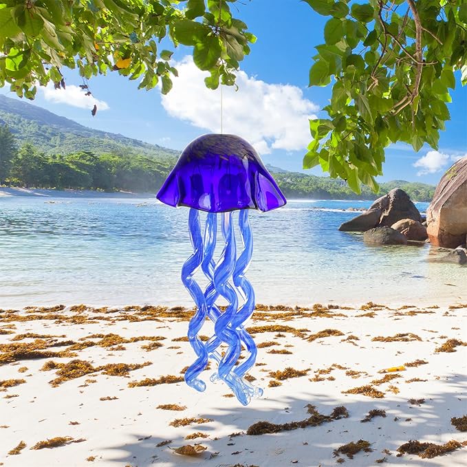 20Inch Art Blown Glass Jellyfish Wind Chime,Handmade Glass Jellyfish Hanging Sun Catcher Wind Chime,Wind Chimes for Outdoor,Animal Glass Blown Wind Chimes for Garden Yard Wedding Decor(Royal Blue)