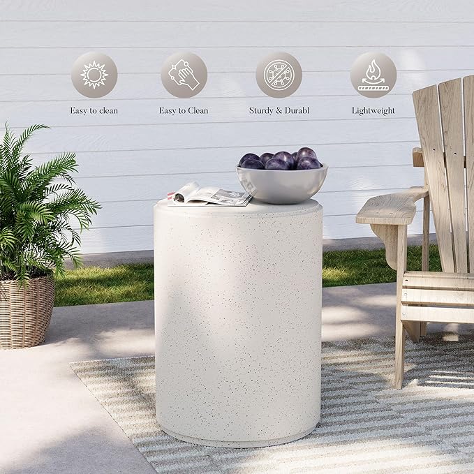 COSIEST 21" Outdoor Side Table, Weather-Resistant Round Concrete End Table for Patio,Durable Small Outside Tables Accent Stool for Garden, Porch, Deck, Balcony & Beach，Speckled White