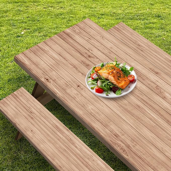 Picnic Table Cover with Bench Covers Elastic Edges, Brown Wooden Fitted Table Cover, Outdoor Patio Camping Essentials 72 Inch 3PCS, Waterproof Camping Fitted Tablecloth with Drawstring Bag