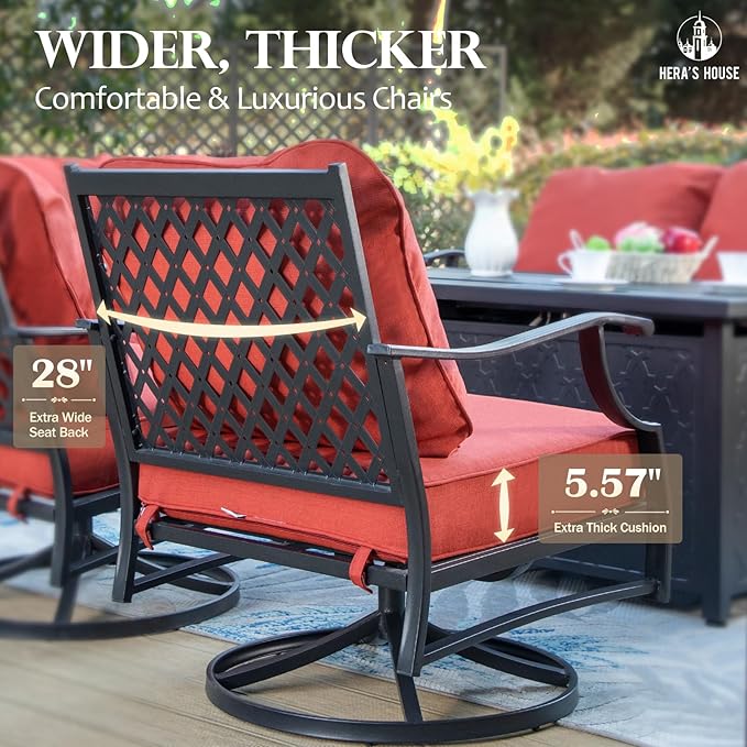HERA'S HOUSE 7 Piece Patio Furniture Set, 4 x Leg Chair, 2 x Cushioned Ottoman, 1 x 3-Seat Sofa, All Cushioned 9 Seats Metal Outdoor Conversation Set for Lawn Garden Backyard