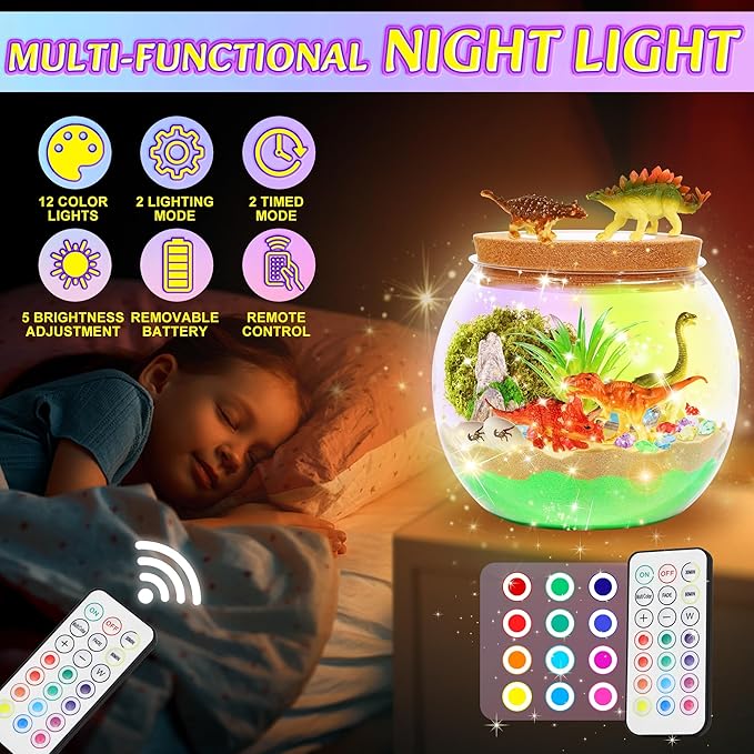 Gifmore Dinosaur Terrarium Kit for Kids with LED Night Light & Remote Control, Dinosaur Toys & Arts and Crafts Kit for Boys Ages 4-12, Creative Birthday Christmas Gifts for Children