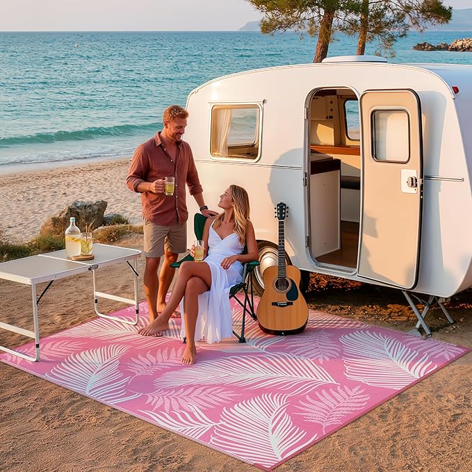 Pauwer Waterproof Outdoor Rug 8x10, Reversible Plastic Straw Patio Camping Rug, Indoor Outdoor RV Mat Carpet for Deck, Camper, Porch, Balcony, Backyard, Picnic, Leaf Pink