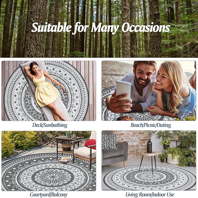 Cekene Round Outdoor Rugs for Patio 6Ft Waterproof Reversible Outdoor Patio Rugs Black Lightweight Plastic Straw Rugs Portable RV Camping Mat Floor Carpet for Deck Porch Picnic BBQ