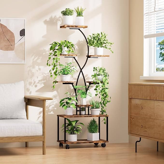 Plant Stand Indoor with Grow Lights, 8 Tiered Metal Plant Shelf with Wheels, 58" Tall Corner Plant Stand Flower Display Rack Holder for Living Room, Patio