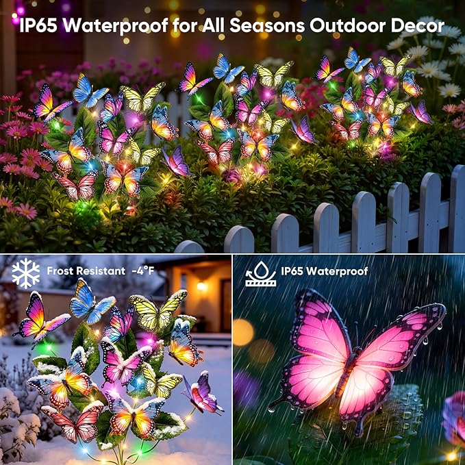 Solar Lights Outdoor Garden Decor: Gardening Gifts for Women Mom - 2 Pack 34 Butterfly Solar Lights with Colorful Bulbs - Outside Waterproof Christmas Decorations for Yard Patio Pathway Porch Lawn