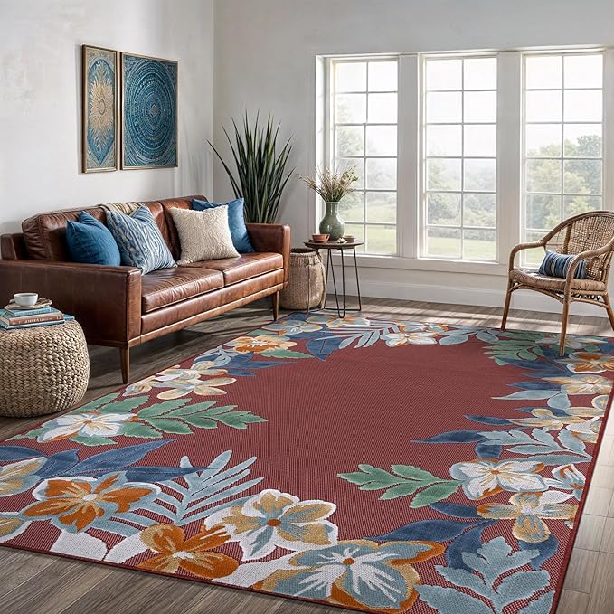 Outdoor Rug 8x10 Washable Area Rugs Indoor Outdoor Carpets Red Border Floral Non Shedding Waterproof Easy Clean Patio Deck Porch Living Room Bedroom Garden RV (8 X 10 Red)