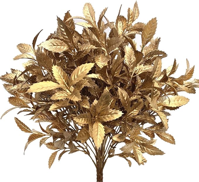 CATTREE Artificial Golden Plants for Christmas Decor, Fake Plastic Floral Faux Flowers Shrubs Simulation Bushes Indoor Outdoor Wedding Party Hall Office Table DIY Decoration - Gold Leaves 4 Pack