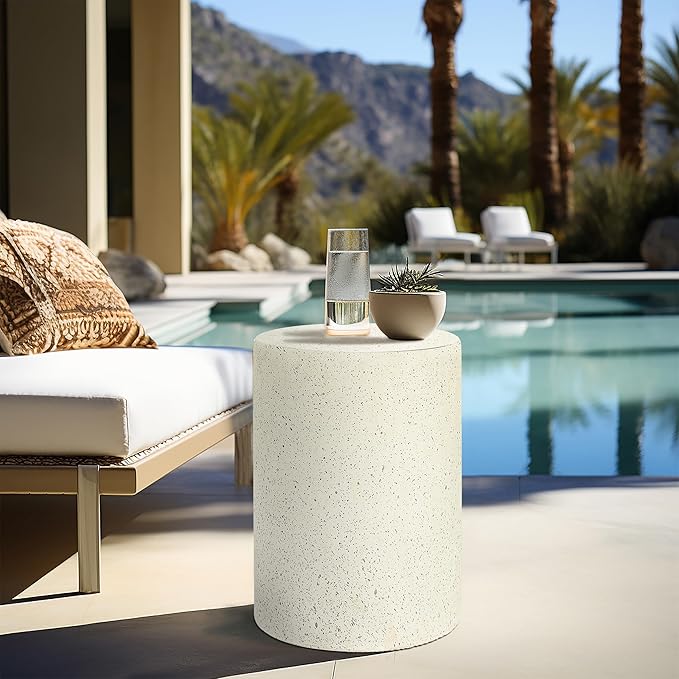 LuxenHome Outdoor Side Table, 18 Inch Cement Outdoor End Tables for Patio, Garden Accent Table, Modern Small Round Side Tables for Outside, Tree Stump Garden Stool Drum Indoor and Outdoor