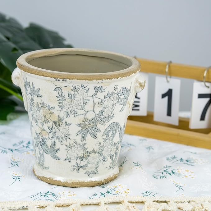 Vintage Ceramic Flower Pot with Drainage Holes and Handle,Ice Crack Country Rustic Planters for Indoor Outdoor,Tuscan Decor,Home and Garden Decor,Gardening Present