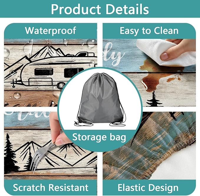 3PCS Picnic Table Cover with Bench Cover Wooden Happy Camping Tablecloth Fitted Picnic Picnic Table Cover with Elastic Windproof Waterproof, Outdoor & Garden Camping Accessories Essentials 96IN