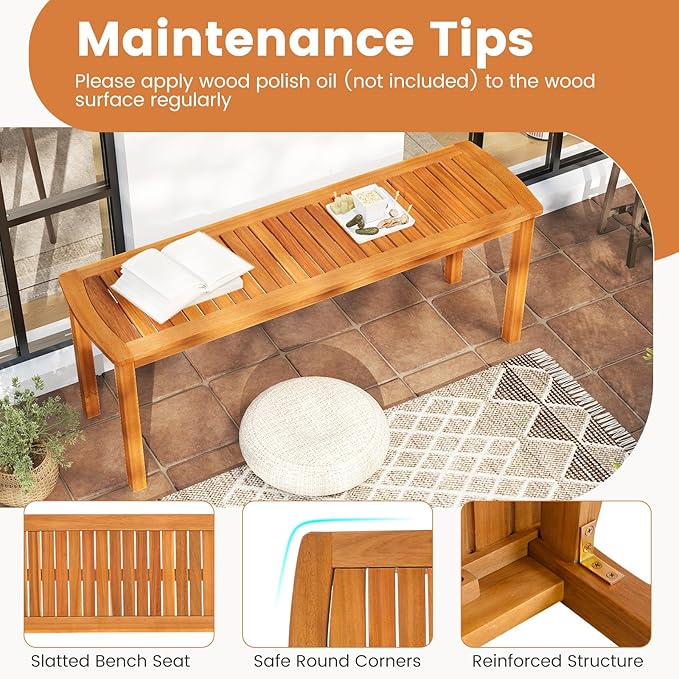 Tangkula Acacia Wood Outdoor Bench, 47" Patio Dining Bench with Slatted Seat, Backless Wooden Garden Bench, Farmhouse Furniture for Garden, Entryway, Poolside, Front Porch, Balcony, Park & Deck