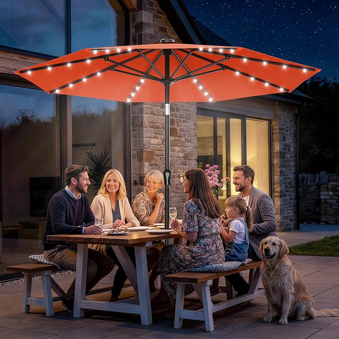 AreShark 9FT Patio Umbrella with Solar Lights, 32 LED Lighted Pool Umbrella w/Tilt and Crank, Outdoor Market Solar Umbrellas for Garden, Deck, Backyard, Pool and Beach, Orange