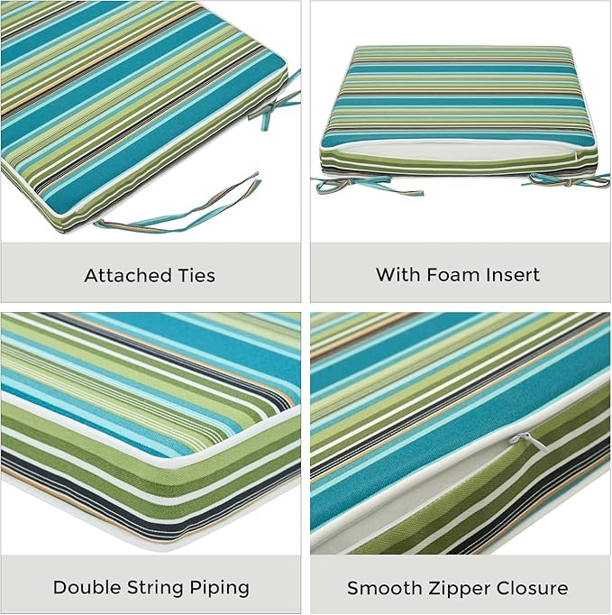 FUNHOME Outdoor Chair Cushions 18"x18"x2.5" Set of 2,Water Resistant Patio Chair Cushion with Zipper&Ties,18x18 Inch Replacement Square Seat Cushion for Garden Chairs(Green Stripe)