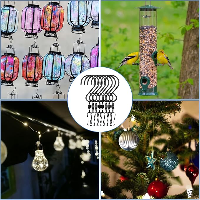 12 Pack Swivel Hooks Clip Spiral Hanging Chain Hook 360 Degree Dual Windsock Clip for Hanging Bird Feeder House Planters Basket Birdbath Wind Spinner Chimes Crystal Twisters Party Supply(black)