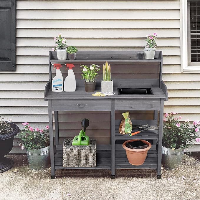 Topeakmart 45.2x17.7x47.6'' (LxWxH) Potting Benches Outdoor Garden Potting Table Work Bench with Removable Sink Drawer Rack Shelves Work Station, Gray