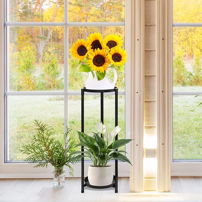 2 Tier Plant Stand Indoor Tall, Black Corner Tiered Round Plant Stand for Indoor Multiple Plants, Metal Flower Pot Stands Outdoor Holders Plant Shelf Display Rack for Balcony Living Room