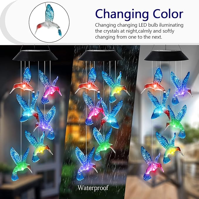 Hummingbird Solar Wind Chimes Color Changing Solared Lights Outdoor Waterproof LED Wind Chimes Solar Powered Lights for Home Party Yard Garden Christmas Decoration(Blue)