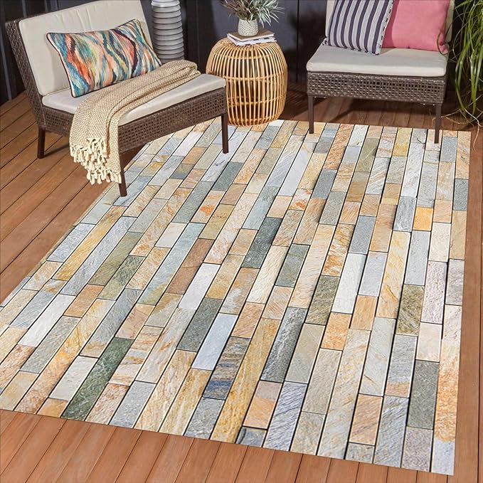 Natural Yellow Brown Grey Brick Stone Wall Texture 2x6 Outdoor Area Rug for Deck Garden Patio Balcony Camping Porch Durable Non Skid Big Rugs Waterproof Stain Resistant Outside Carpet Floorcovers