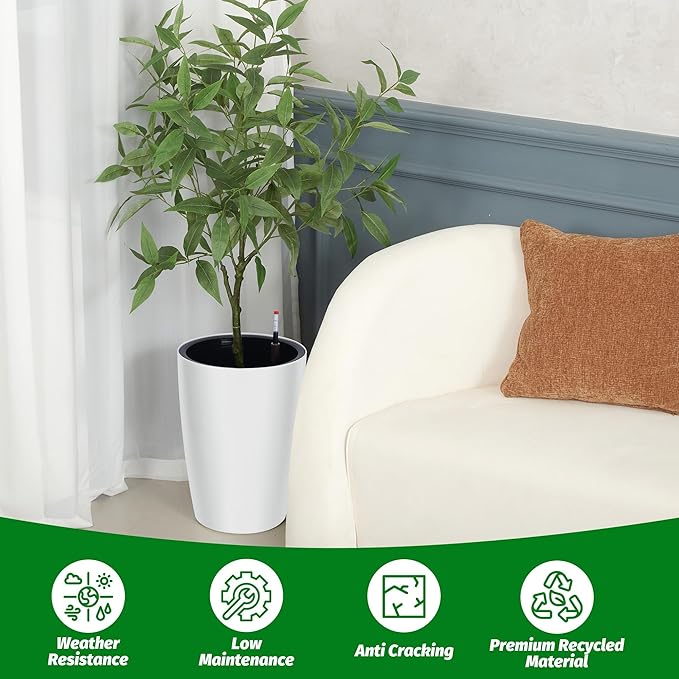 16" Tall Planter Set of 4, Self Watering Pots with Built-in Drainage and Water Level Gauge, Large Planter Pots for Garden, Patio, Balcony, Lounge, White