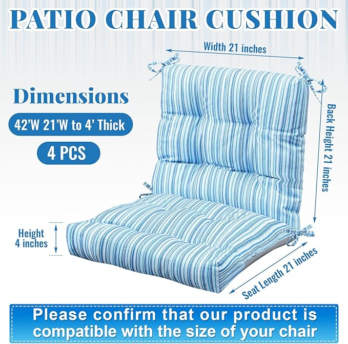 Marsui 4 Pcs Outdoor Indoor High Back Chair Cushions Patio Furniture Tufted Pillow with Ties All Weather Replacement Outdoor Rocking Chair Cushions, 42 x 21 Inches (Blue Stripes)