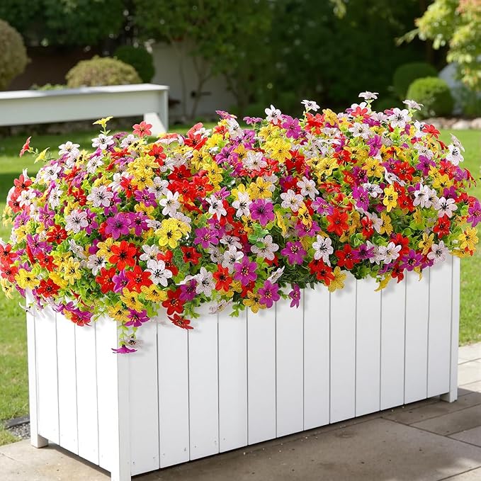 SHareconn 24 Bundles Artificial Flowers for Outdoors Spring Decoration, Fake Silk Realistic Faux Plants UV Resistant for Outside Planter Porch Patio Indoor Decor, RedPurpleYellowWhite