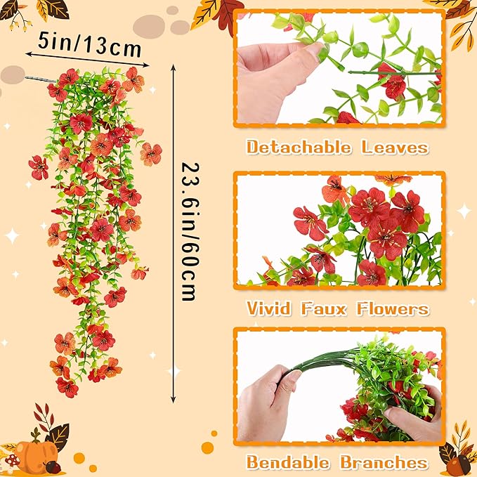 4PCS Fall Artificial Hanging Flowers Plants Decorations for Outdoor Faux Silk Daisy Mums Home Indoor Porch Patio Wall Balcony Yard Decor