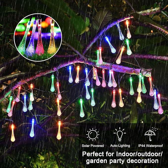 JMEXSUSS 2 Pack Solar String Lights Outdoor Waterproof, Total 41.6FT 60 LED Teardrop Water Drop Solar Lights, Multi Colored Christmas Lights for Outside Garden Patio Yard Tree Christmas Decorations