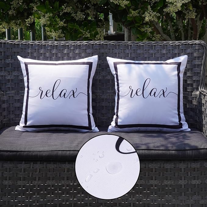ONWAY Outdoor Waterproof Throw Pillow Covers 18x18 Set of 2 White and Black Relax Decorative Pillowcase for Patio Furniture Garden Couch Tent Balcony