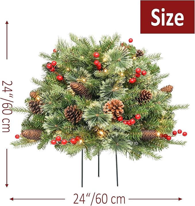 Christmas Planter Filler Tree Outdoor Prelit 2 Pack, 24" Urn Fillers for Porch Planters Pathway Battery Operated Light Red Berry Pine Cone, Xmas Greenery Outside Decorations