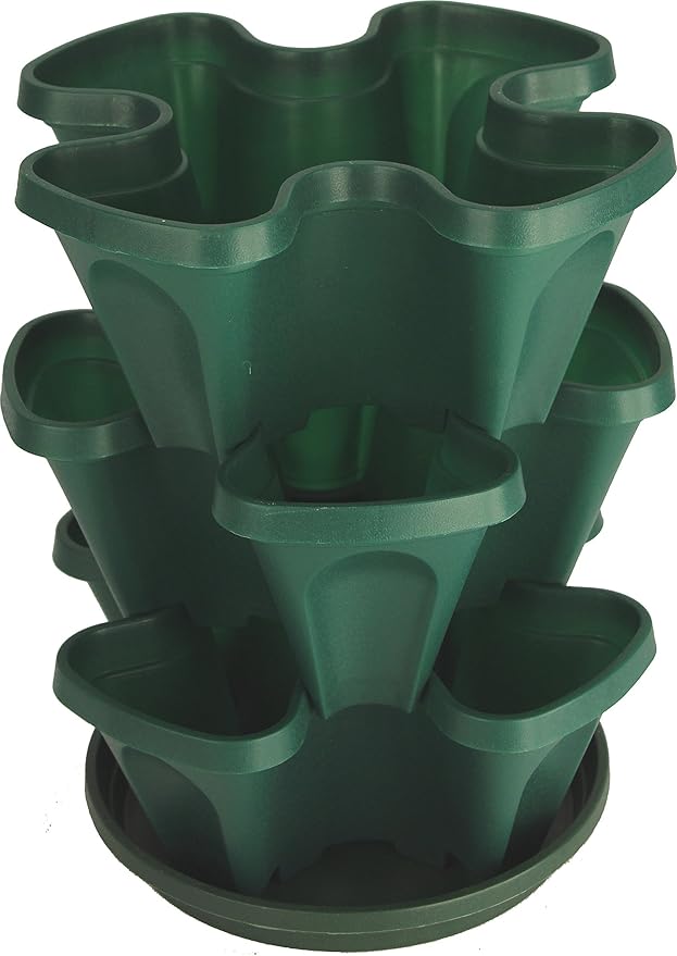 Mr. Stacky Self Watering 3 Tier Stackable Garden Vertical Plastic Planter Set, Hunter Green