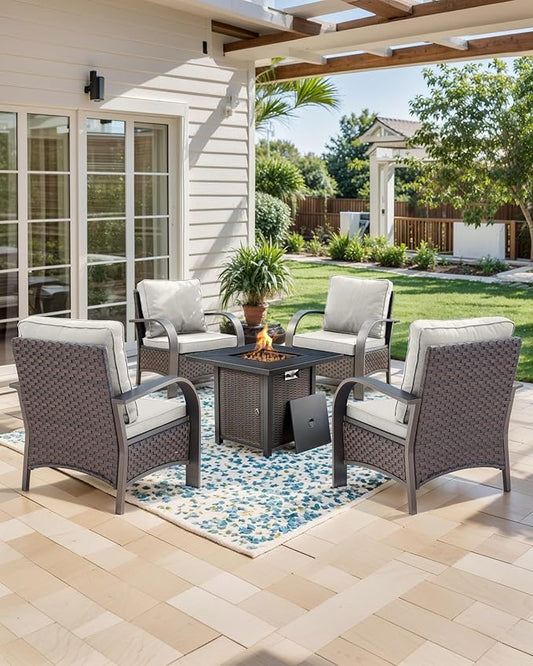HUMMUH Patio Furniture Set with Fire Pit Table-Patio Chairs Set of 4 Outdoor Wicker Chairs for Deck Porch Garden Poolside Backyard-Brown/Beige