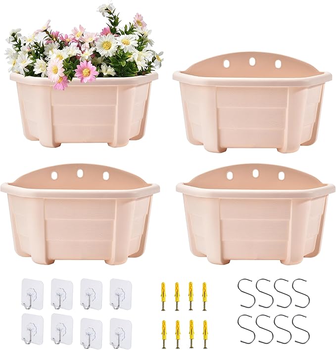 ORIMERC 9.8 inch 4 Pack Wall Hanging Planters Pots for Indoor Plants Wall Plants Holder with Drainage Hole Balcony Planters Railing Hanging Pot Fence Vertical Living Mount Outdoor with Hooks/Screws