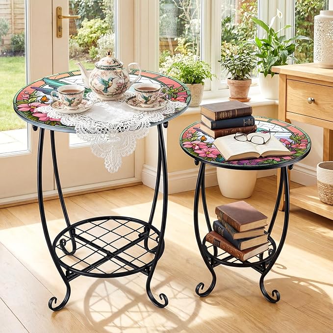 2 Pcs Outdoor Side Table Small Patio Round Mosaic Accent Indoor End Table Plant Metal Coffee Tea Tables for Patio Yard Porch Garden Living Room(12" and 16",Hummingbird Style)