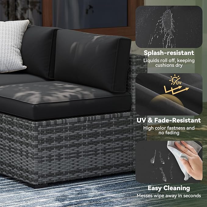 Aoxun Replacement Cushions for Outdoor Furniture, 14-Piece Outdoor Cushions for Patio Furniture, Deep Seat, Splash-Proof & Fade Resistant Couch Cushion for 6-Seat Patio Conversation Sets, Black