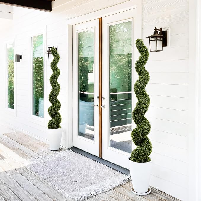 THE BLOOM TIMES 6ft Tall Spiral Topiary Trees Artificial Outdoor Set of 2, Large Faux Boxwood Fake Plants Outside UV Resistant for Front Porch Planter Garden Patio Decor 6 Foot