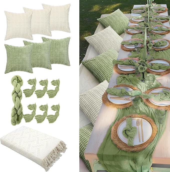 91 x 71 Extra Large Outdoor Boho Picnic Blanket with Sage Green Table Runner, 6 Throw Pillow Covers 6 Napkins Woven Cotton Yarn Oversize Beach Blanket Washable Picnic Camp Wedding