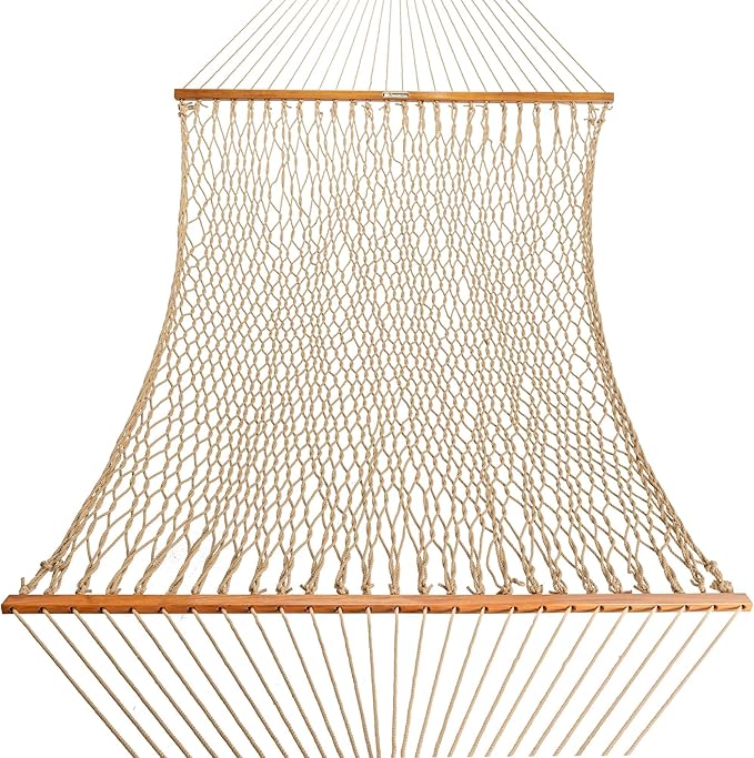 Original Pawleys Island Deluxe Tan DuraCord Rope Hammock – 13 ft. x 65 in, 2-Person, 450 lb Capacity, Oak Spreader Bar, Zinc-Plated Hardware, Handcrafted in The USA