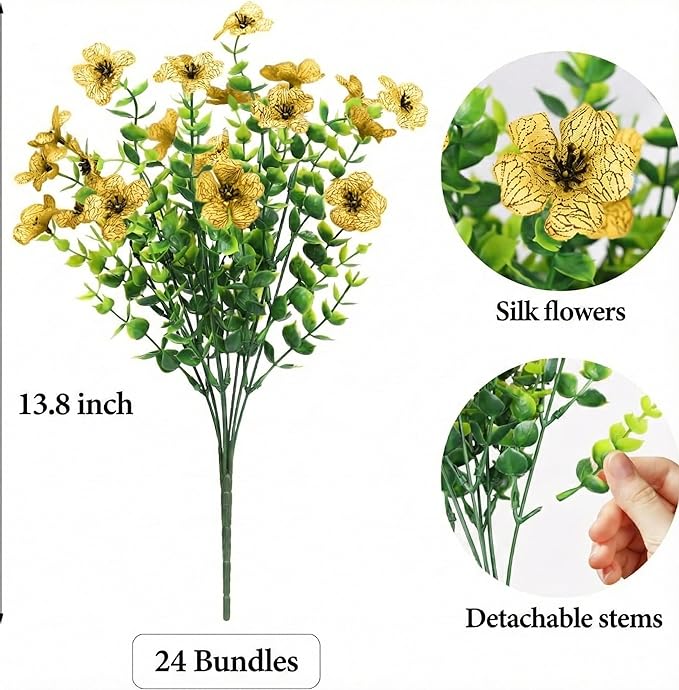 Artificial Flowers Outdoor Faux Plants UV Resistant Fake Patio Flowers Plastic Greenery Plnats Outside Bulk for Spring Garden Hanging Planter Home Vase Decor, 24 Bundles (Yellow)