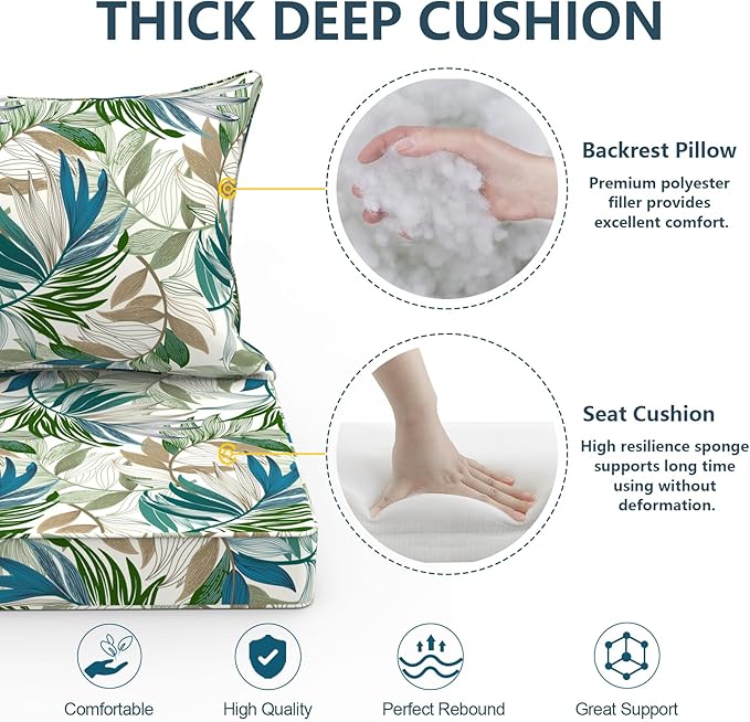 Outdoor Deep Seat Cushion Set, Water Repellent 22"x22" Patio Thick Cushions Replacement with Seat & Back Pillow for Patio Sofa, Wicker Chair, Couch - Lush Leaf Green