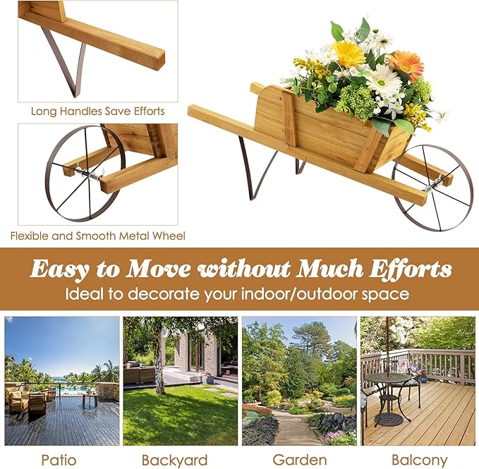 S AFSTAR Wood Wheelbarrow Planter, Flower Plant Pot Cart w/Metal Wheel & 9 Replaceable Magnet Accessories, Wooden Wagon Planter Decor for Outdoor Garden Backyard (Natural)