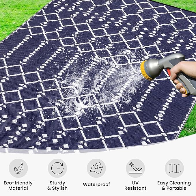 Smiry Outdoor Rug 8x10 ft, Waterproof Reversible Plastic Straw Rugs, Boho Outdoor Area Rug, Outside Floor Mat for Patio, Backyard, Deck, Picnic, Beach, Camping, Navy