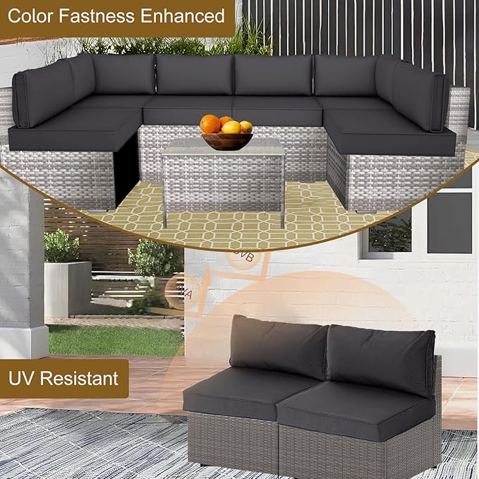14 Piece Outdoor Patio Cushion Cover Replacement, Waterproof Patio Cushion Covers, Outdoor Furniture Cushion Covers Set for 6 Seat Wicker Rattan Sofa (Deep Grey)