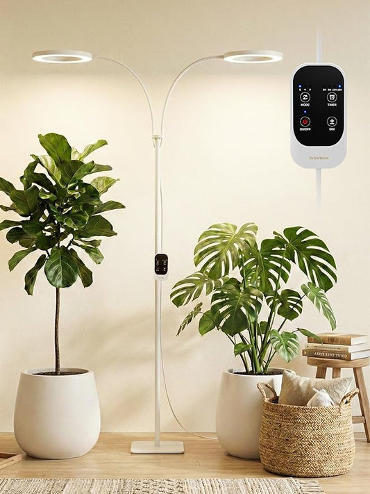 GLOWRIUM 48W LED Dual-Head Grow Light for Indoor Plants, 23.5-71" Adjustable Height, 3-Growing Full Spectrum for Tall Plant Light, 3/9/12/16H Timer, 6-Level Dimming, Ideal for Large Tall Plants