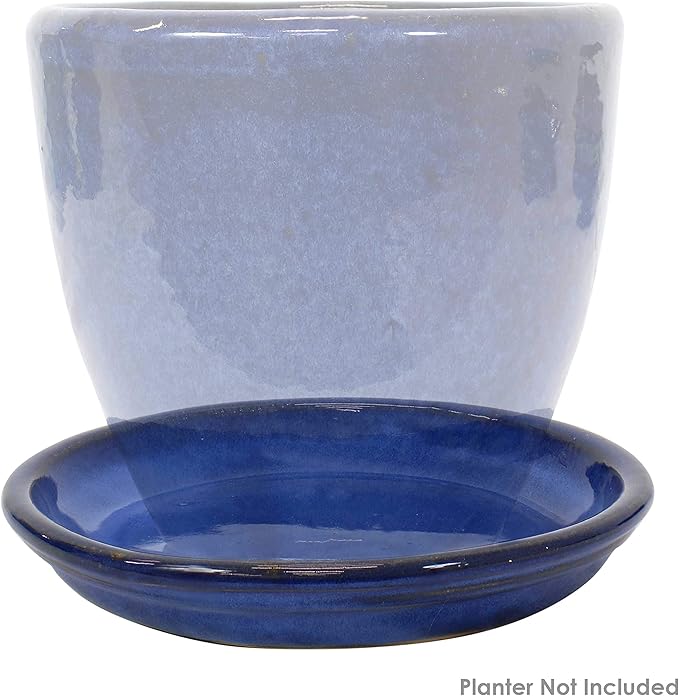 Sunnydaze 7-Inch Ceramic Plant Saucers - Plant Drip Trays for Outdoor Planter Flower Pot Drainage - Set of 2 - Imperial Blue