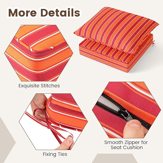 Giantex Patio Cushion Set, Outdoor Chair Seat Pads w/Non-Slip Rope Belts, Detachable Patio Furniture Cushions, Thick Seat Cushion & Back Cushion for Living Room Floor Sofa Patio Garden Chair (Orange)