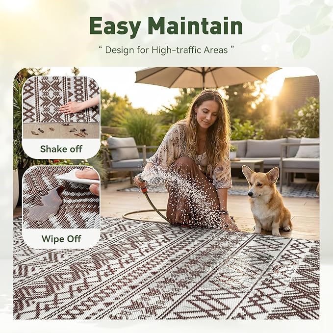 MontVoo Outdoor Rug Carpet Waterproof 5x8 Outdoor Patio Rug Mat Reverisble Plastic Straw Outdoor Rug for RV Camping Picnic Beach Balcony Boho Beige Brown