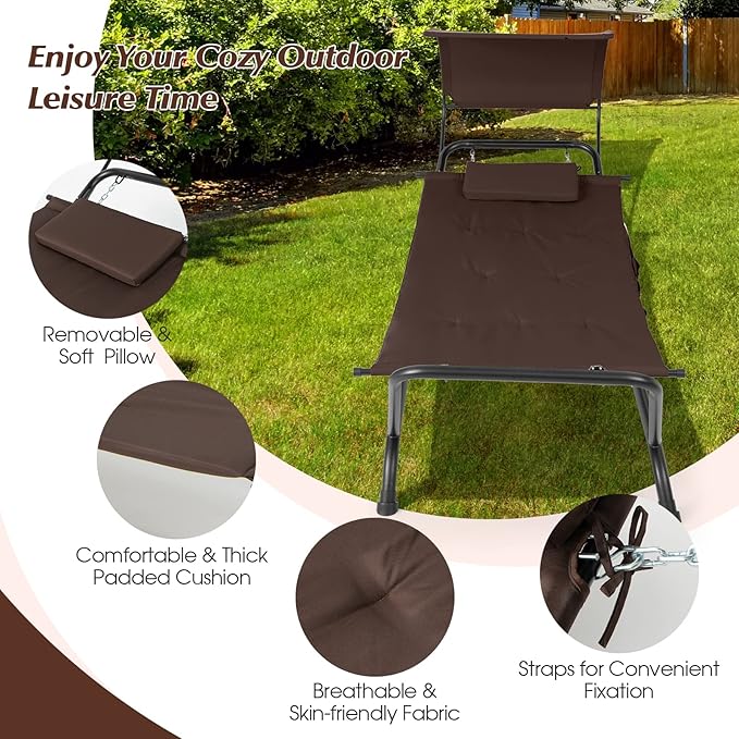 Giantex Hanging Hammock with Stand, Patio Hanging Chaise Lounge Chair w/Canopy, Cushion, Pillow & Storage Bag, Heavy Duty Swing Hammock Bed for Garden Lawn Backyard Patio Poolside Porch (Brown)