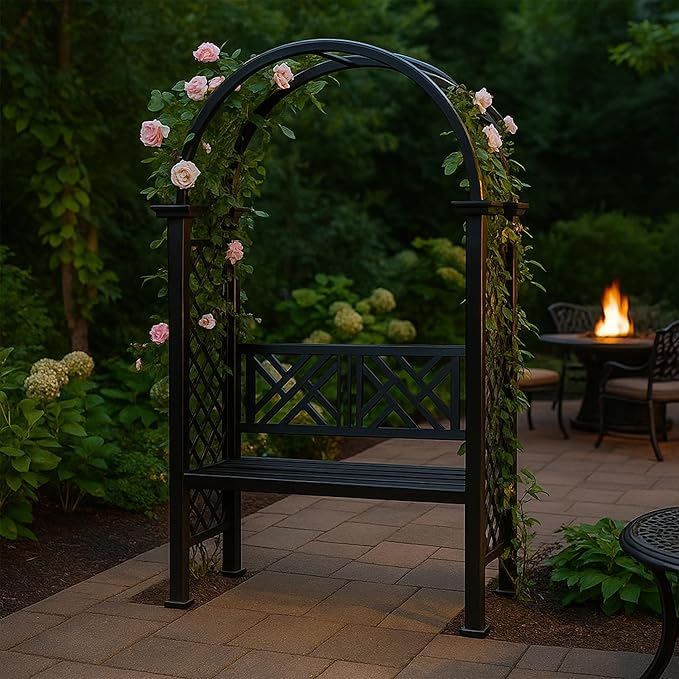 Oakland Living Black Aluminum Garden Arbor Arch with 2-Seater Bench