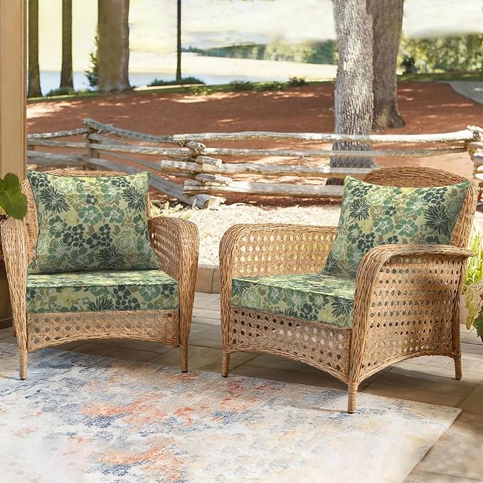 Outdoor Deep Seat Cushion Set, Water Repellent 24"x24" Patio Thick Cushions Replacement with Seat & Back Pillow for Patio Sofa, Wicker Chair, Couch - Green Rose
